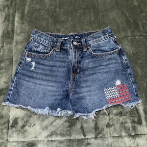 Old Navy High Rise Built-In Tough Cut Off Shorts Girl's 12 Blue Embroidered Flag